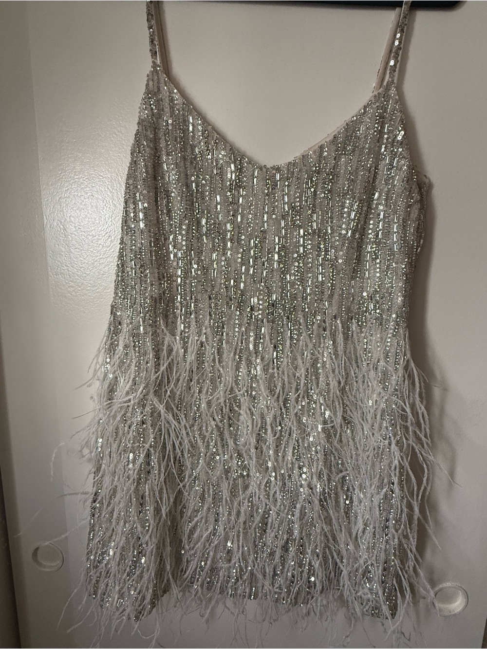 NADINE MERABI Christy Silver Ivory Sequin & Feather Mini Dress